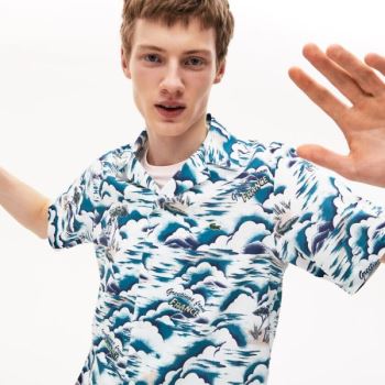 Lacoste Southern France Print Cotton Hawaiian Fit Shirt - Šortky Pánské Blankyt / Světle Růžové / Bí